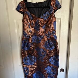 asos | blue and copper metallic brocade sheath dress